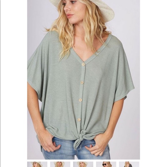 Fantastic Fawn Tops - Button Up Waffle Knit Knotted Top-Sage Green